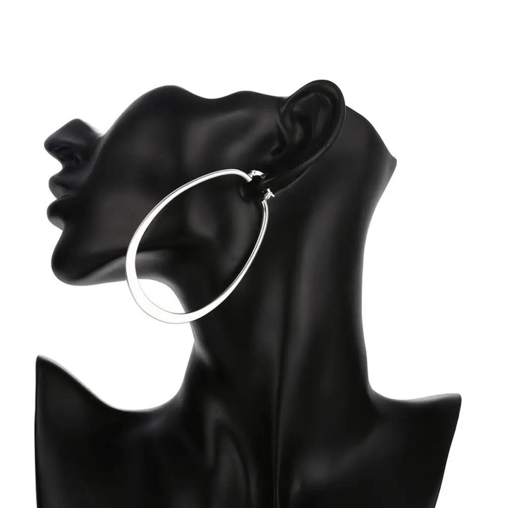 Stunning .925 Sterling Silver Large 2.7 Inches Oval Hoop Earrings Hypoallergenic - Picture 3 of 6